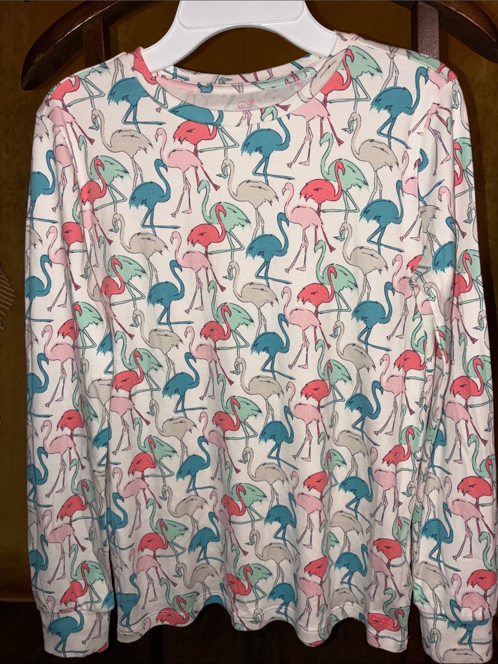 Girls' Long-Sleeve Flamingo Print Pajama Top - White with Pink & Teal